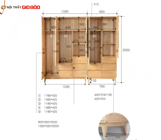 Tủ quần áo gỗ sồi tự nhiên thiết kế tiện dụng đa năng GB-5689